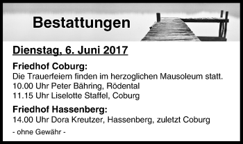 Anzeige von Bestattungen vom 06.06.2017 von MGO