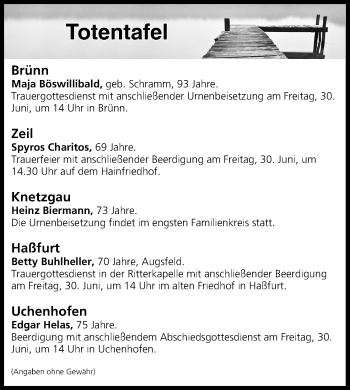Anzeige von Totentafel vom 29.06.2017 von MGO