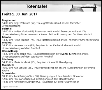 Anzeige von Totentafel vom 30.06.2017 von MGO