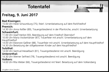 Anzeige von Totentafel vom 09.06.2017 von MGO