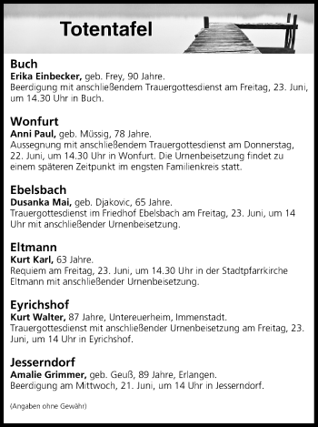Anzeige von Totentafel vom 21.06.2017 von MGO