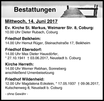 Anzeige von Bestattungen vom 14.06.2017 von MGO