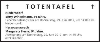 Anzeige von Totentafel vom 27.06.2017 von MGO