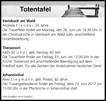 Anzeige von Totentafel vom 23.06.2017 von MGO