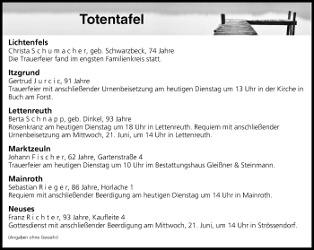 Anzeige von Totentafel vom 20.06.2017 von MGO