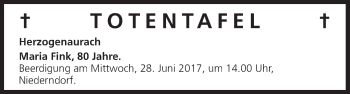 Anzeige von Totentafel vom 24.06.2017 von MGO