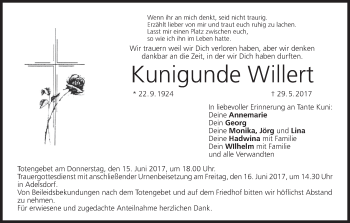 Anzeige von Kunigunde Willert von MGO
