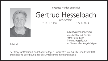Anzeige von Gertrud Hesselbach von MGO