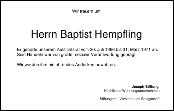 Anzeige von Baptist Hempfling von MGO