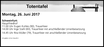 Anzeige von Totentafel vom 26.06.2017 von MGO