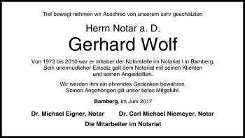 Anzeige von Gerhard Wolf von MGO
