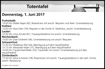 Anzeige von Totentafel vom 01.06.2017 von MGO