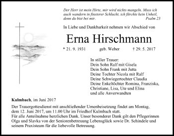 Anzeige von Erna Hirschmann von MGO