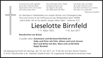 Anzeige von Lieselotte Birnfeld von MGO