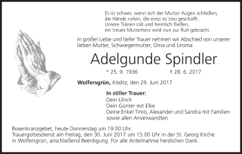 Anzeige von Adelgunde Spindler von MGO