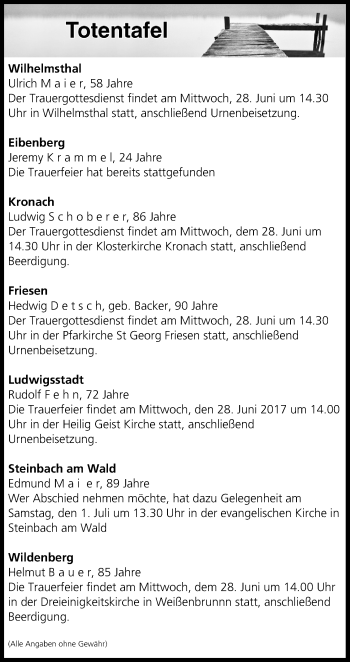 Anzeige von Totentafel vom 27.06.2017 von MGO