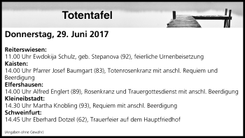 Anzeige von Totentafel vom 29.06.2017 von MGO