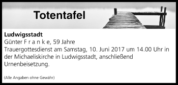 Anzeige von Totentafel vom 09.06.2017 von MGO