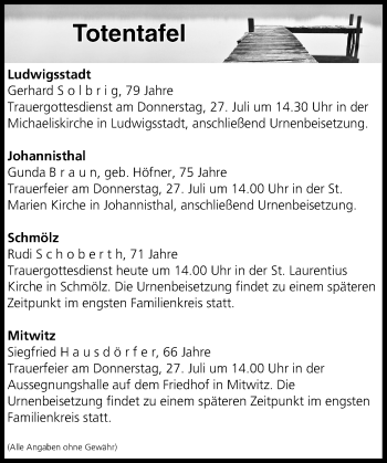 Anzeige von Totentafel vom 26.07.2017 von MGO