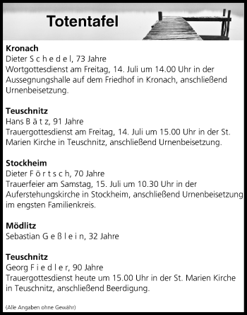 Anzeige von Totentafel vom 13.07.2017 von MGO
