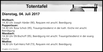 Anzeige von Totentafel vom 04.07.2017 von MGO