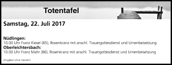 Anzeige von Totentafel vom 22.07.2017 von MGO