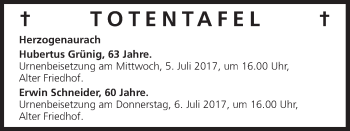 Anzeige von Totentafel vom 01.07.2017 von MGO