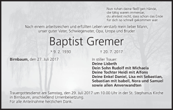 Anzeige von Baptist Gremer von MGO