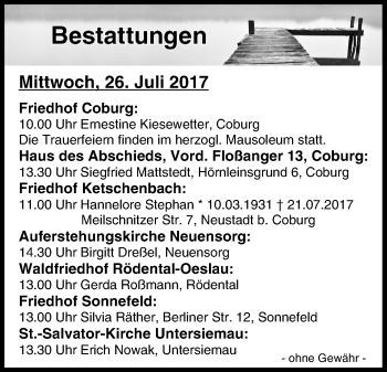 Anzeige von Bestattungen vom 26.07.2017 von MGO
