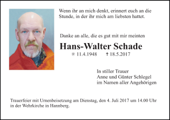 Anzeige von Hans-Walter Schade von MGO
