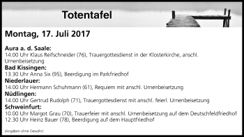 Anzeige von Totentafel vom 17.07.2017 von MGO