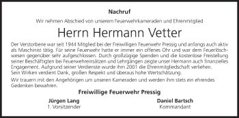 Anzeige von Hermann Vetter von MGO
