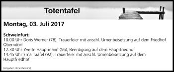 Anzeige von Totentafel vom 03.07.2017 von MGO