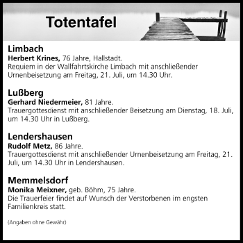 Anzeige von Totentafel vom 18.07.2017 von MGO
