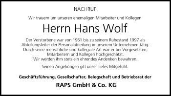 Anzeige von Hans Wolf von MGO