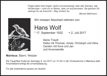 Anzeige von Hans Wolf von MGO
