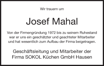 Anzeige von Josef Mahal von MGO