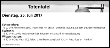 Anzeige von Totentafel vom 25.07.2017 von MGO