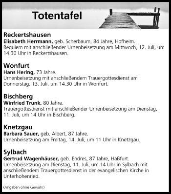 Anzeige von Totentafel vom 11.07.2017 von MGO