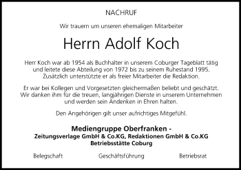 Anzeige von Adolf Koch von MGO
