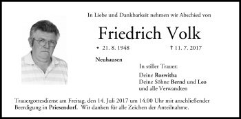Anzeige von Friedrich Volk von MGO