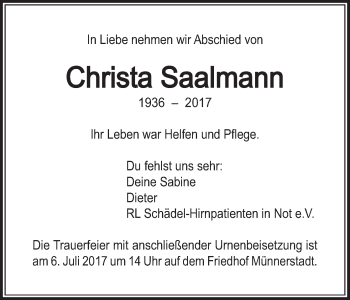 Anzeige von Christa Saalmann von MGO