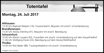 Anzeige von Totentafel vom 24.07.2017 von MGO