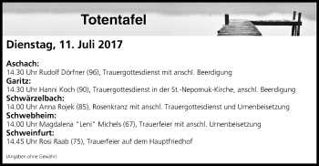 Anzeige von Totentafel vom 11.07.2017 von MGO