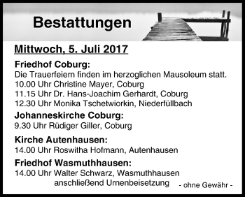 Anzeige von Bestattungen vom 05.07.2017 von MGO