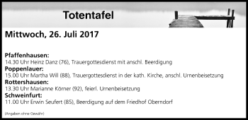Anzeige von Totentafel vom 26.07.2017 von MGO