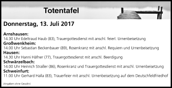 Anzeige von Totentafel vom 13.07.2017 von MGO
