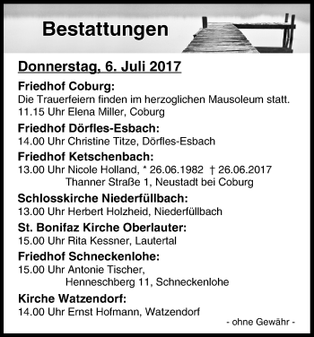 Anzeige von Bestattungen vom 06.07.2017 von MGO