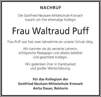Anzeige von Waltraud Puff von MGO