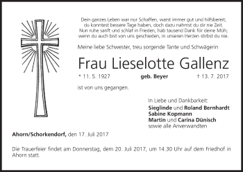 Anzeige von Lieselotte Gallenz von MGO